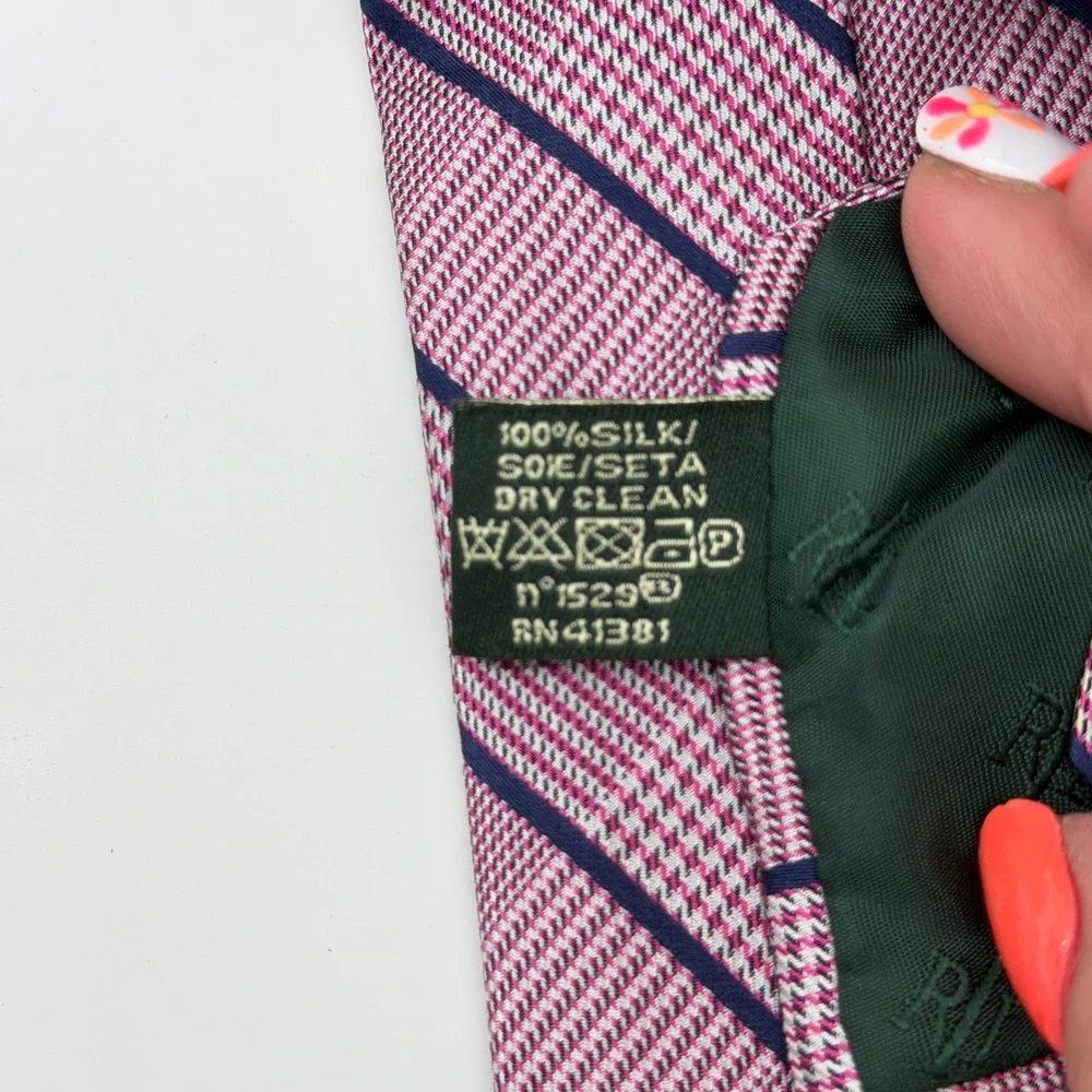 Lauren Ralph Lauren Mens Silk Tie Pink Navy Blue Plaid Striped Hand‎ Made